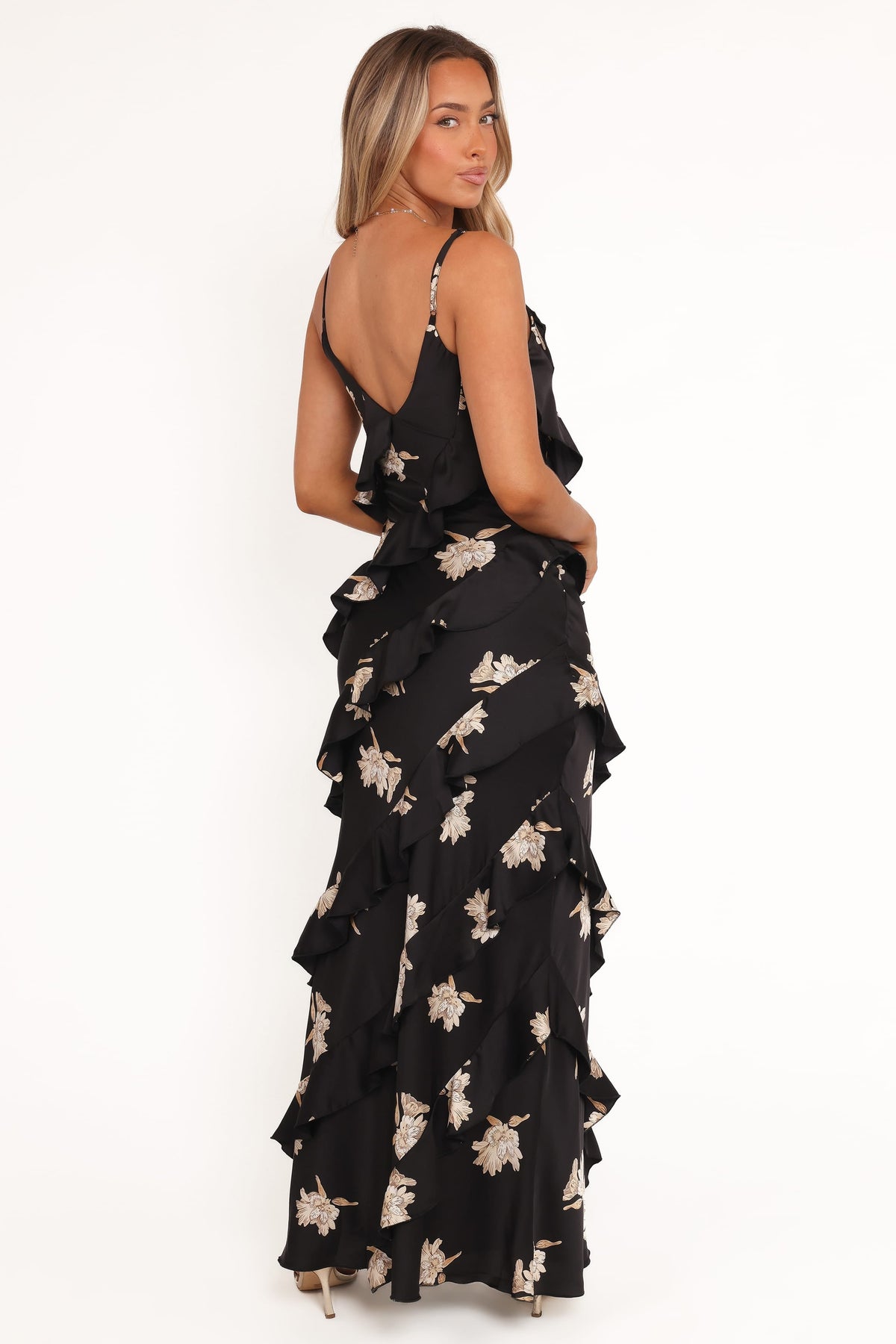Ciao Ruffles Maxi Satin Dress in Black Floral – view 3 of 7