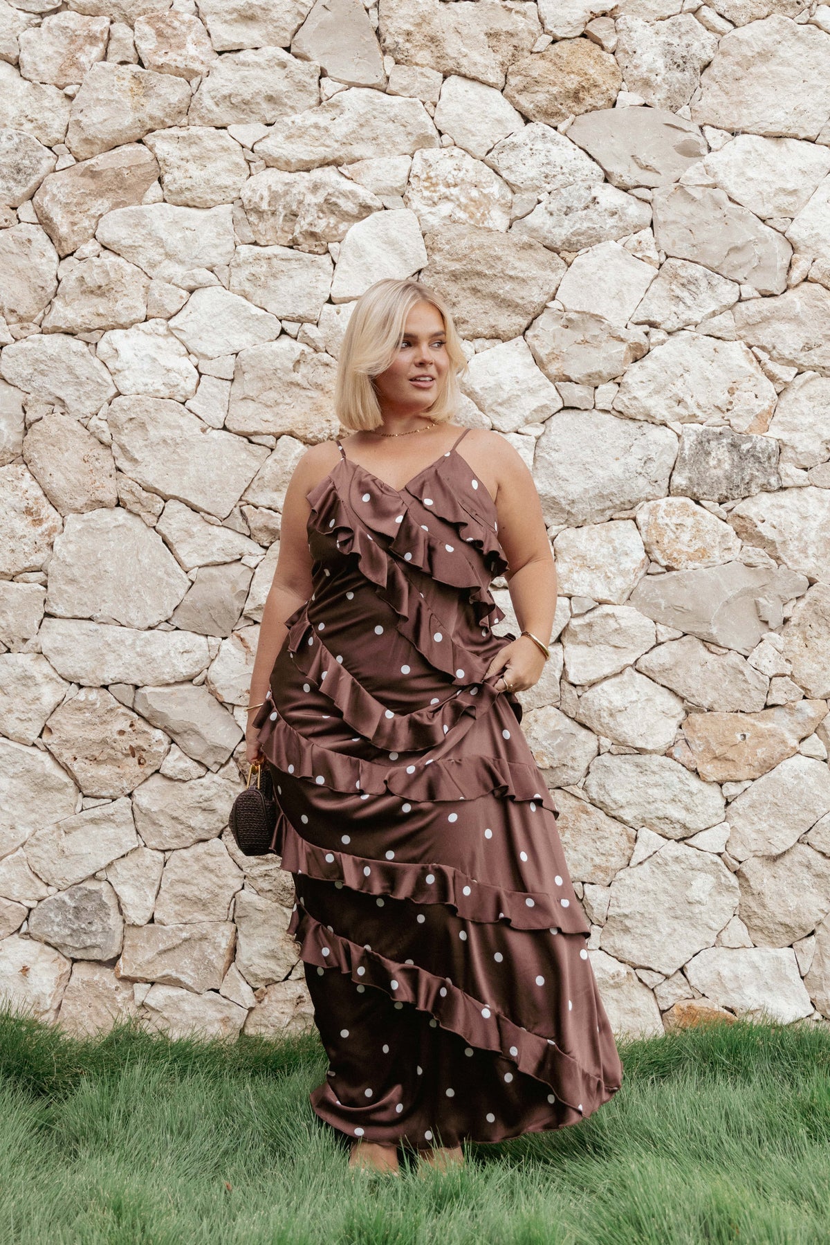 Ciao Ruffles Maxi Satin Dress in Brown Polka Dot – view 7 of 7