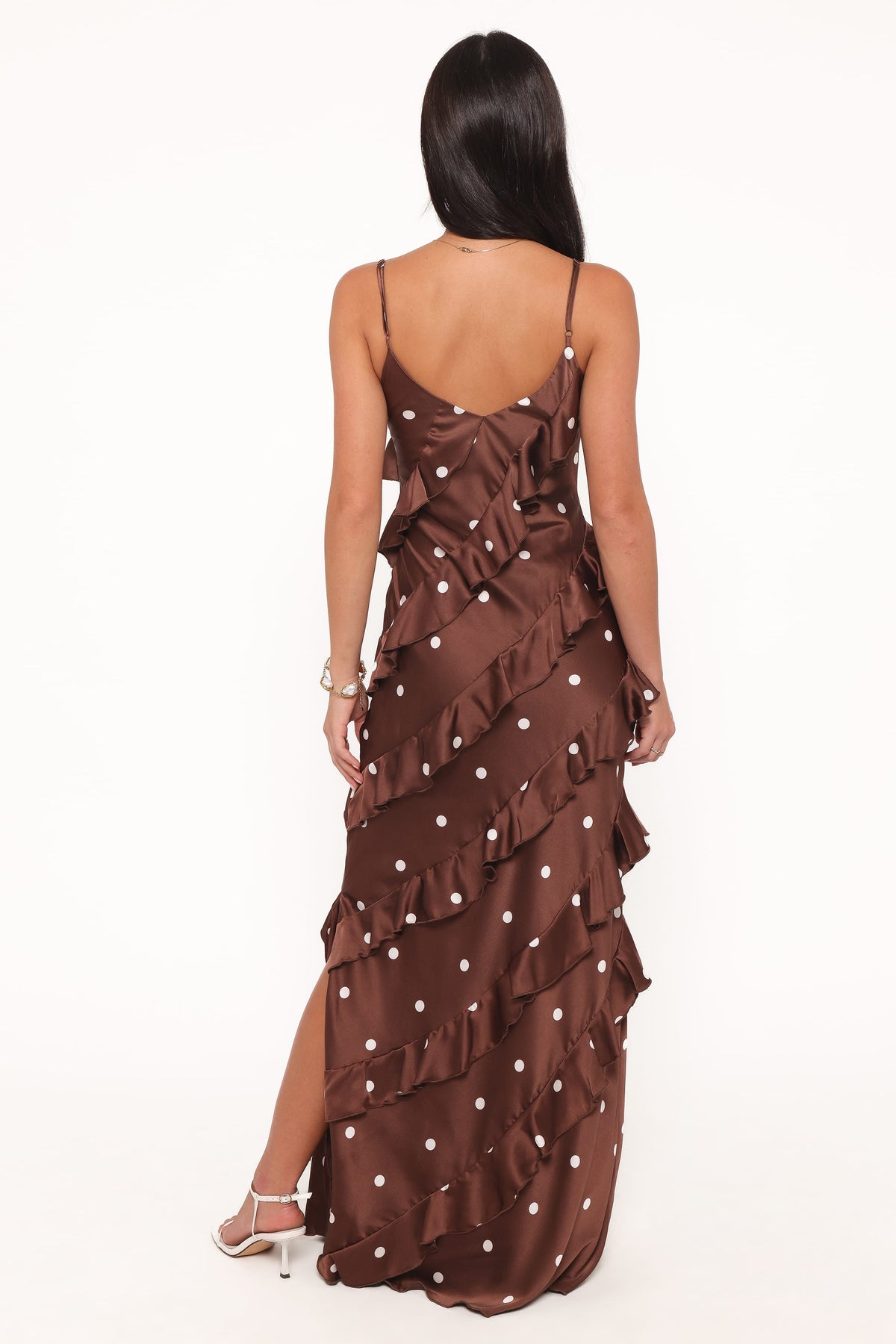 Ciao Ruffles Maxi Satin Dress in Brown Polka Dot – view 5 of 7