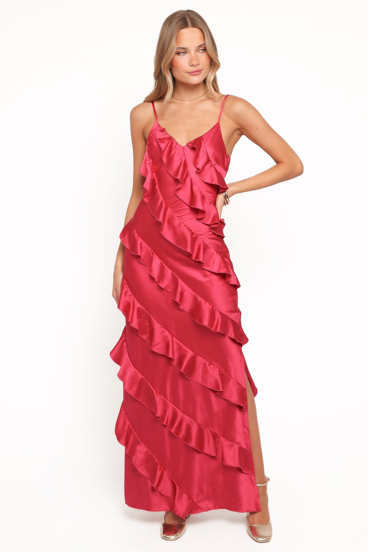Ciao Ruffles Maxi Satin Dress in Fuchsia – view 6 of 8
