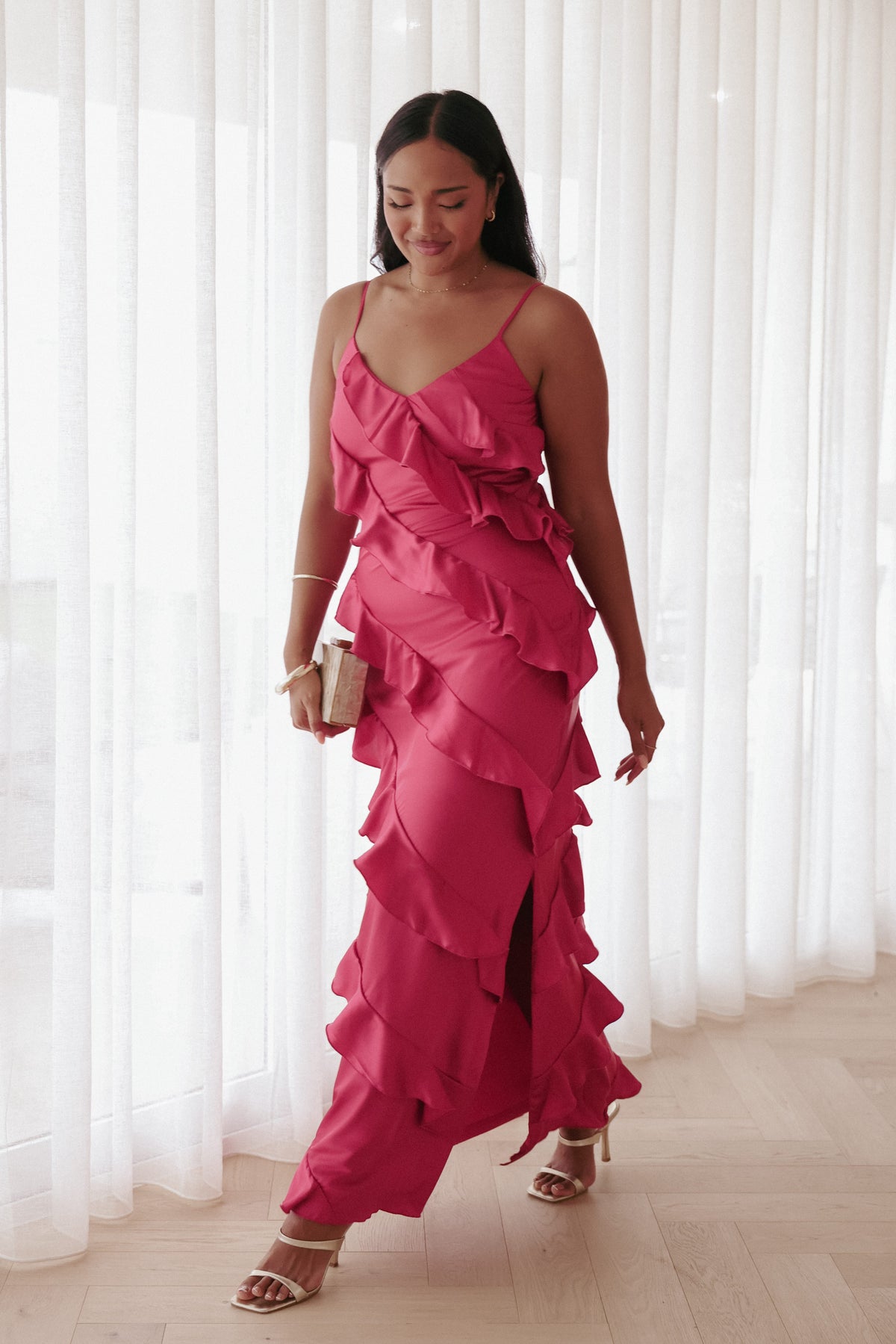 Ciao Ruffles Maxi Satin Dress in Fuchsia – view 1 of 8