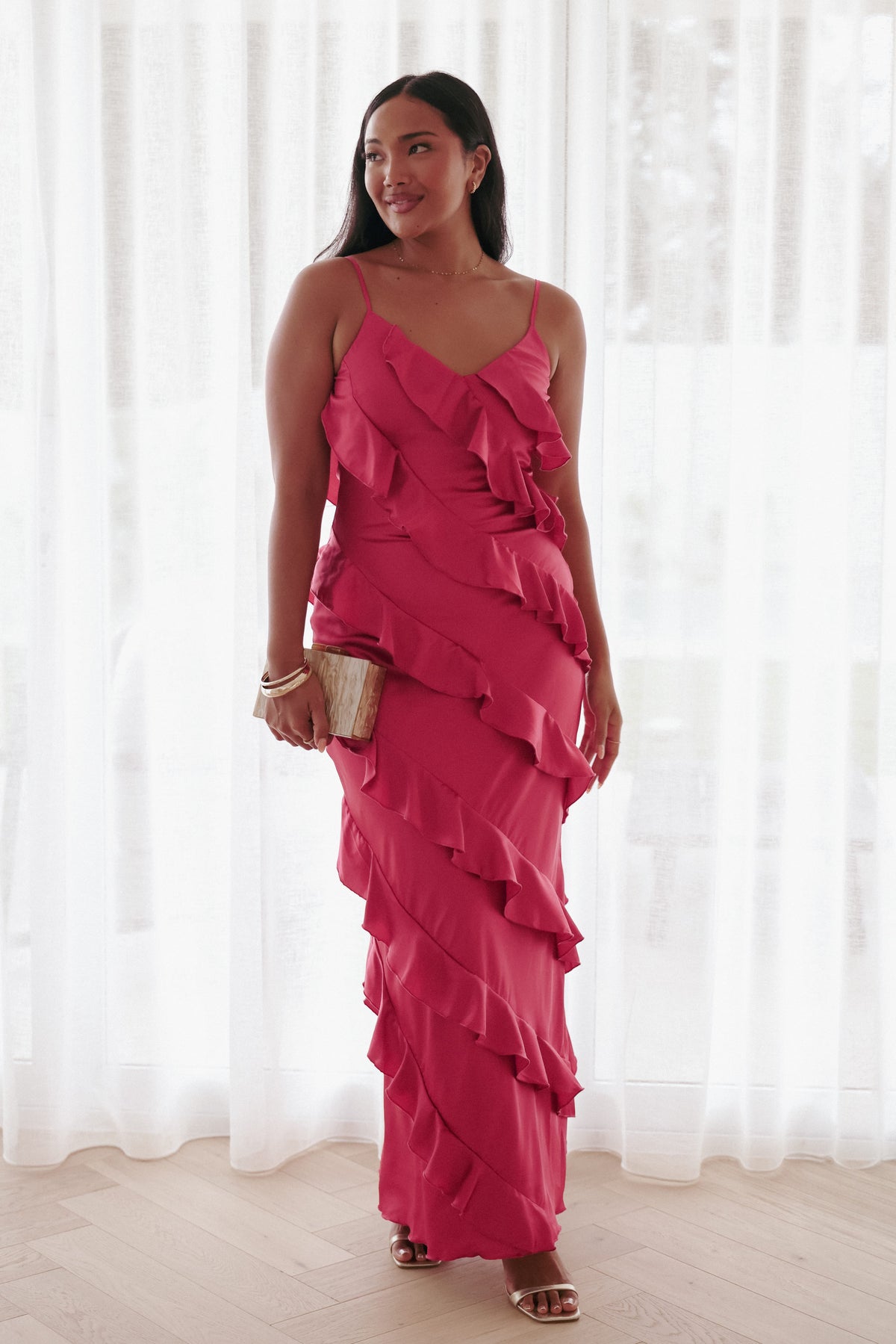 Ciao Ruffles Maxi Satin Dress in Fuchsia – view 8 of 8