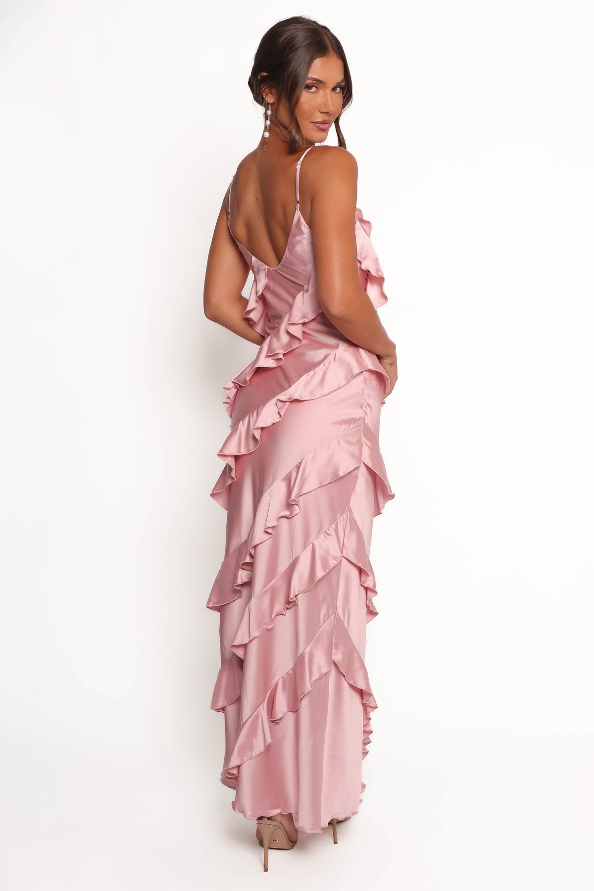 Ciao Ruffles Maxi Satin Dress in Pink – view 5 of 9