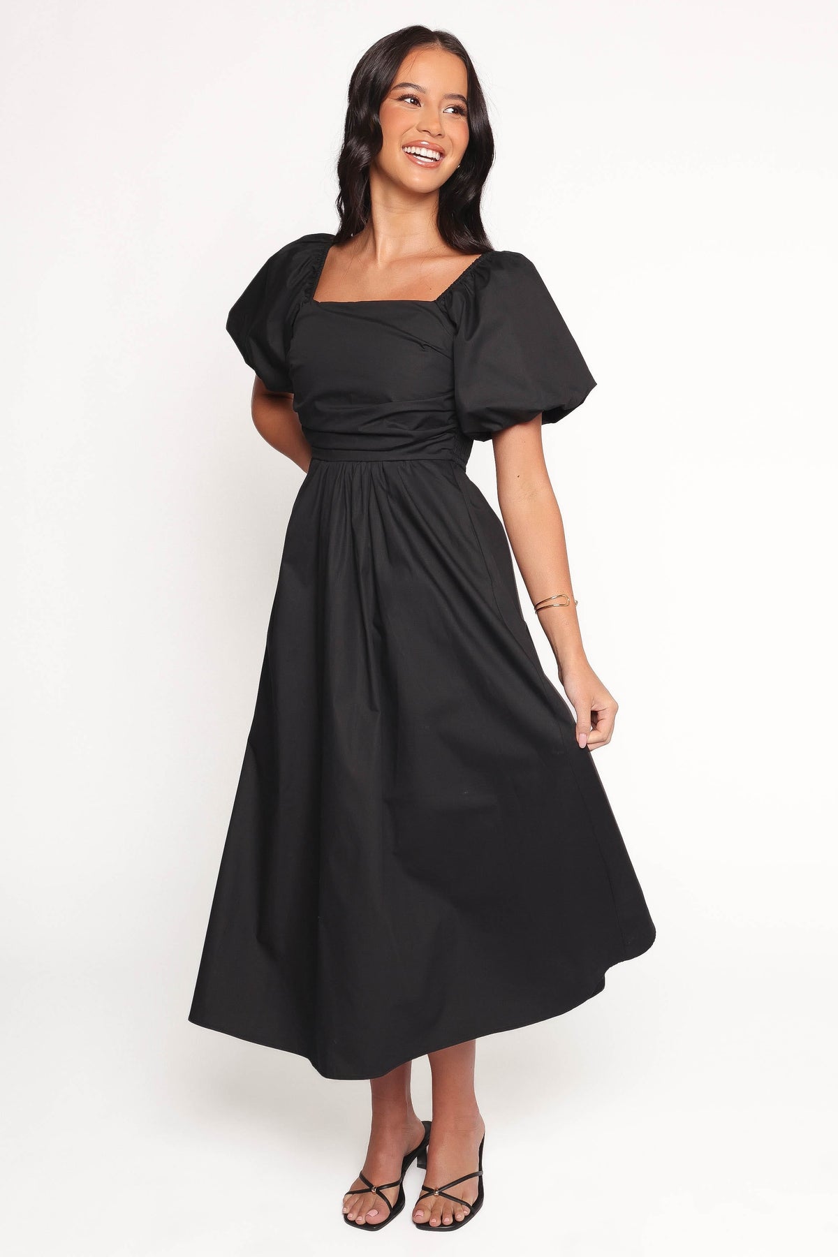 Clo Puff Sleeve Midi Dress in Black – view 4 of 8