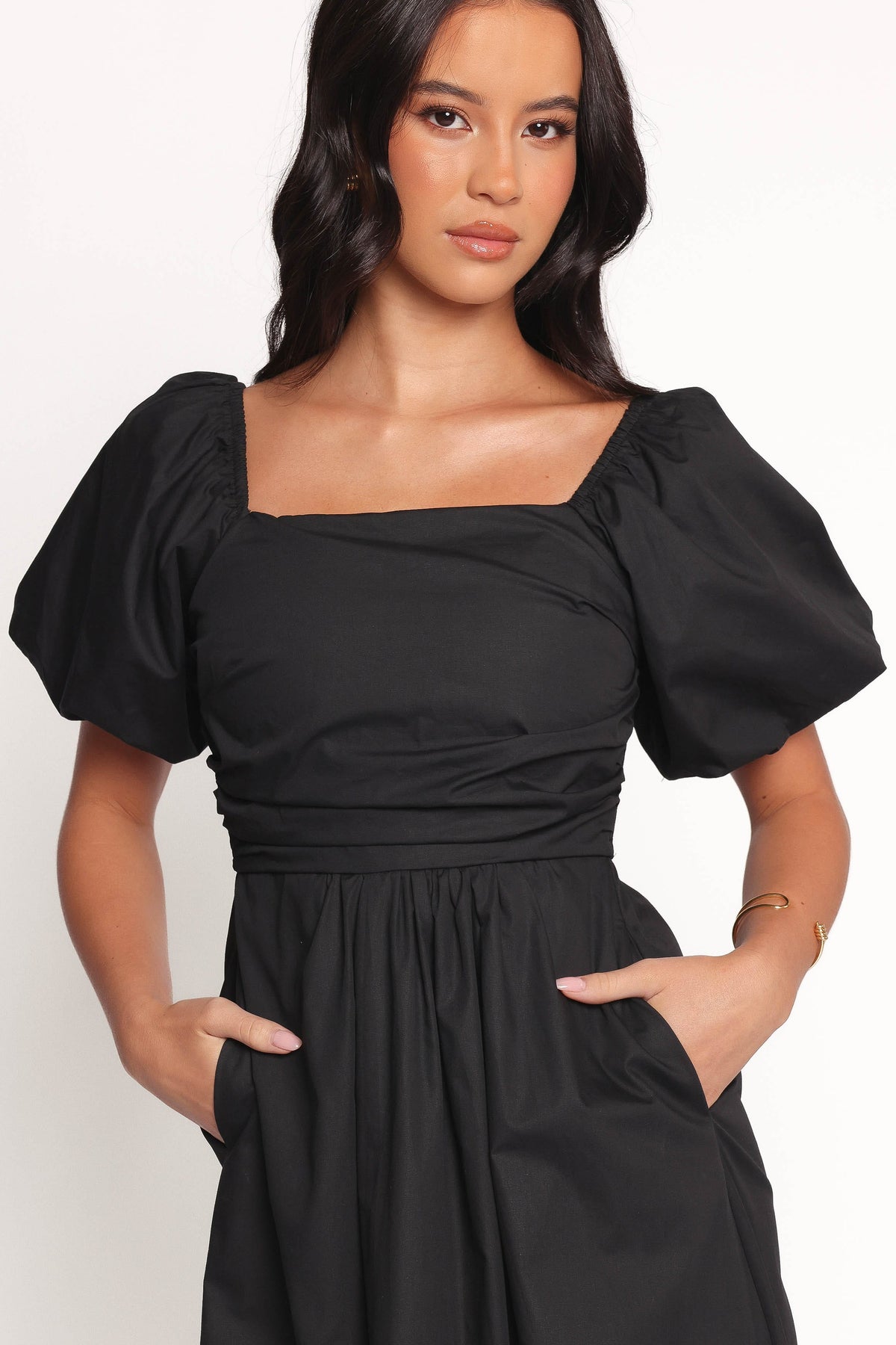 Clo Puff Sleeve Midi Dress in Black – view 5 of 8