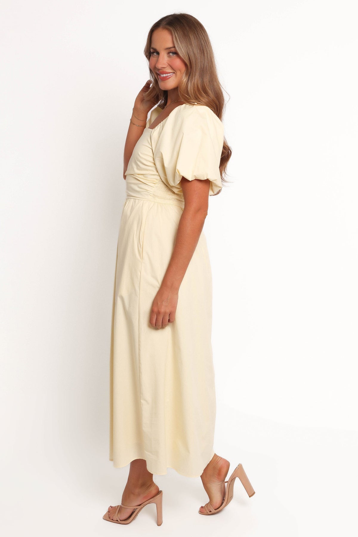 Clo Puff Sleeve Midi Dress in Yellow – view 3 of 7