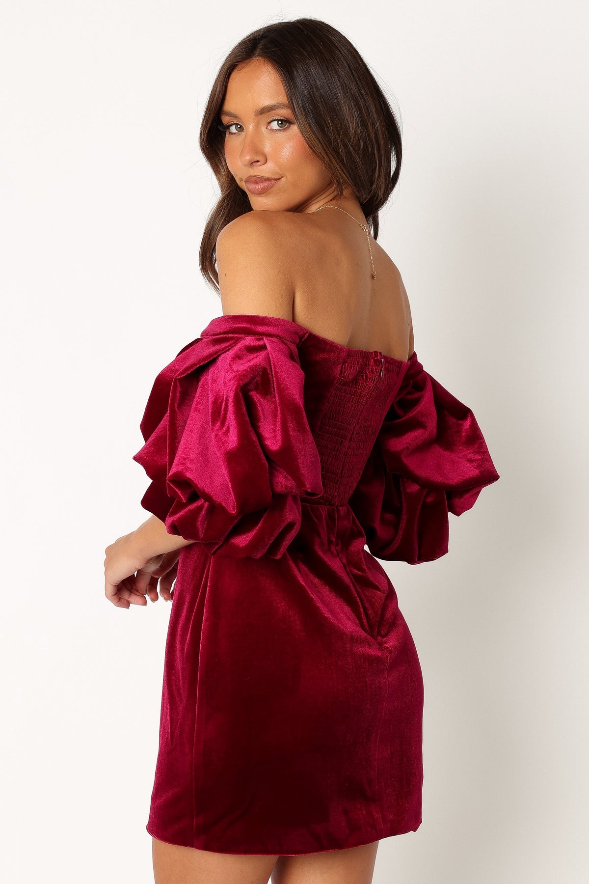 Dali Off Shoulder Velvet Mini Dress in Ruby – view 5 of 11