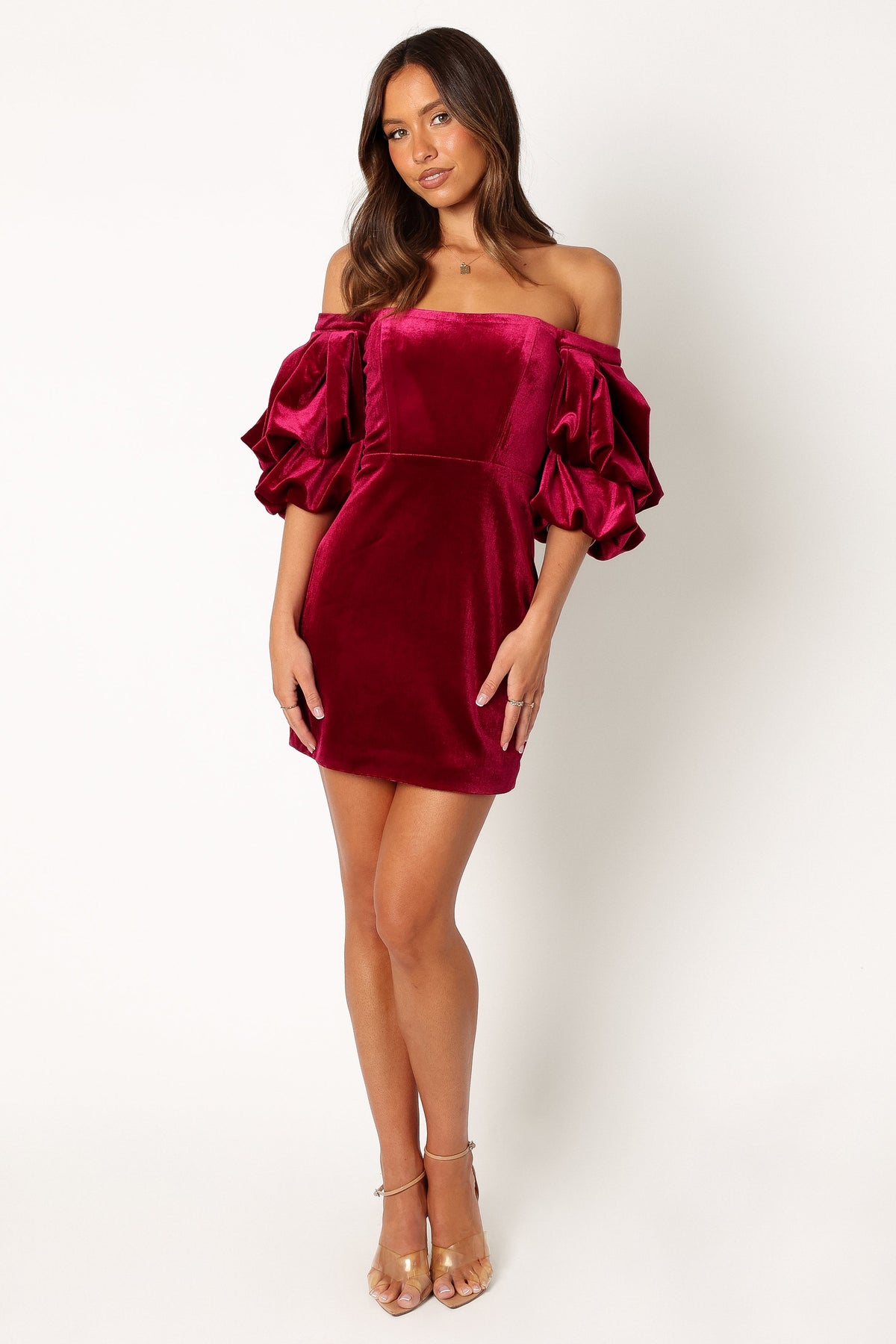 Dali Off Shoulder Velvet Mini Dress in Ruby – view 4 of 11