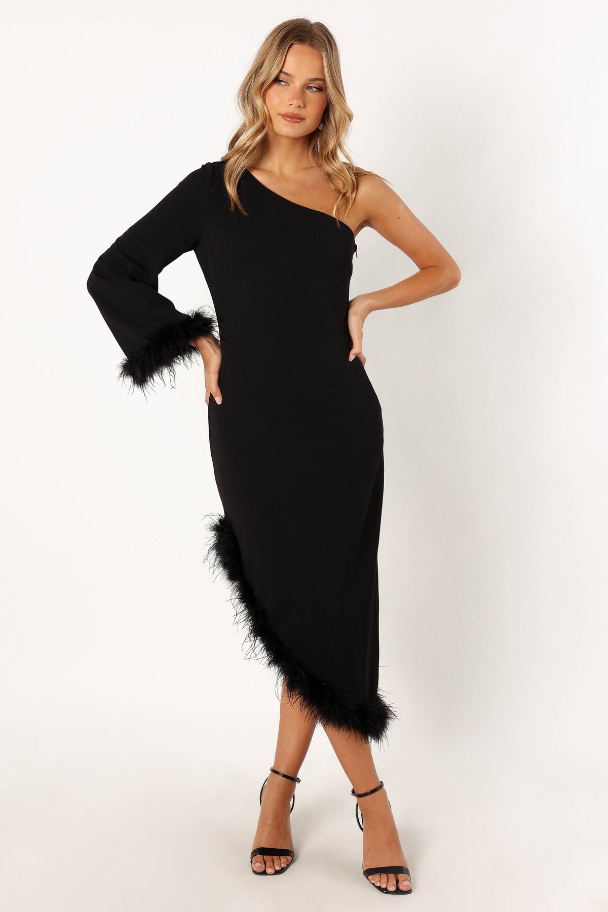 Dame One Shoulder Feather Midi Dress in Black – view 3 of 9