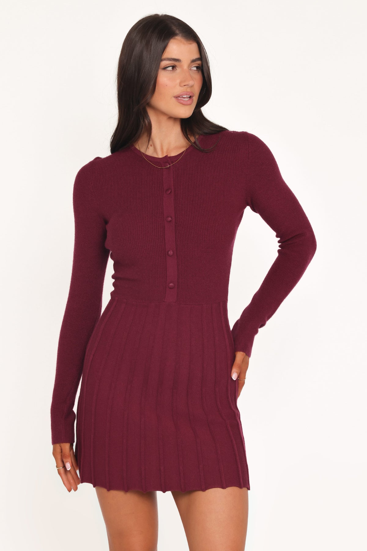 Darlina Long Sleeve Mini Dress in Burgundy – view 1 of 6
