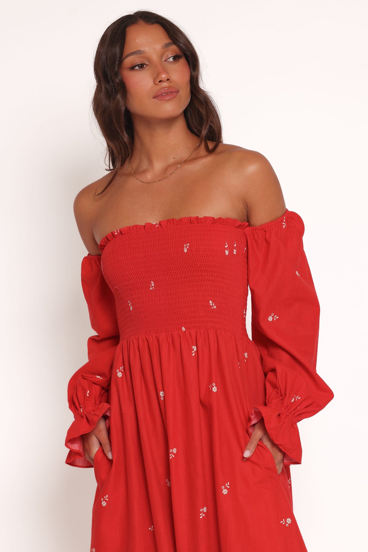 Domenica Shirred Long Sleeve Midi Dress in Red Floral Bandana – view 3 of 7