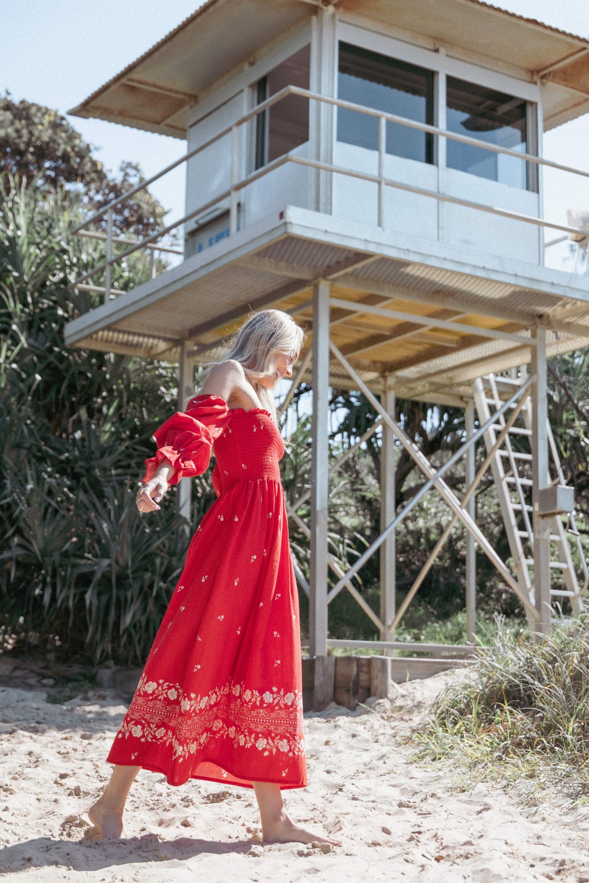 Domenica Shirred Long Sleeve Midi Dress in Red Floral Bandana – view 7 of 7