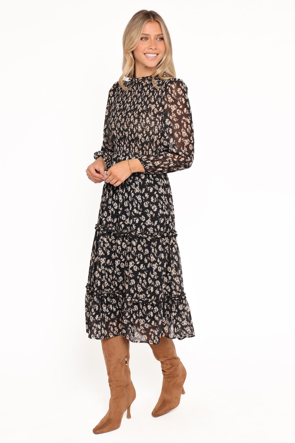 Edwina Shirred Frill Long Sleeve Midi Dress in Black Ditsy Floral – view 3 of 6