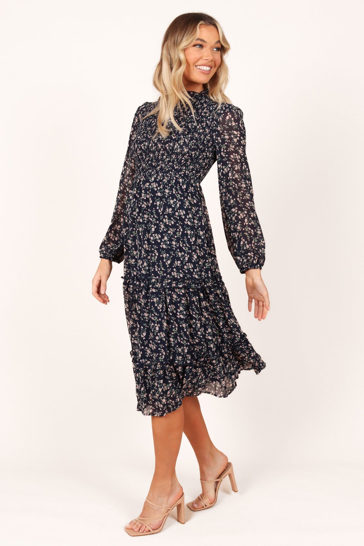 Edwina Shirred Frill Long Sleeve Midi Dress in Navy Floral – view 2 of 5