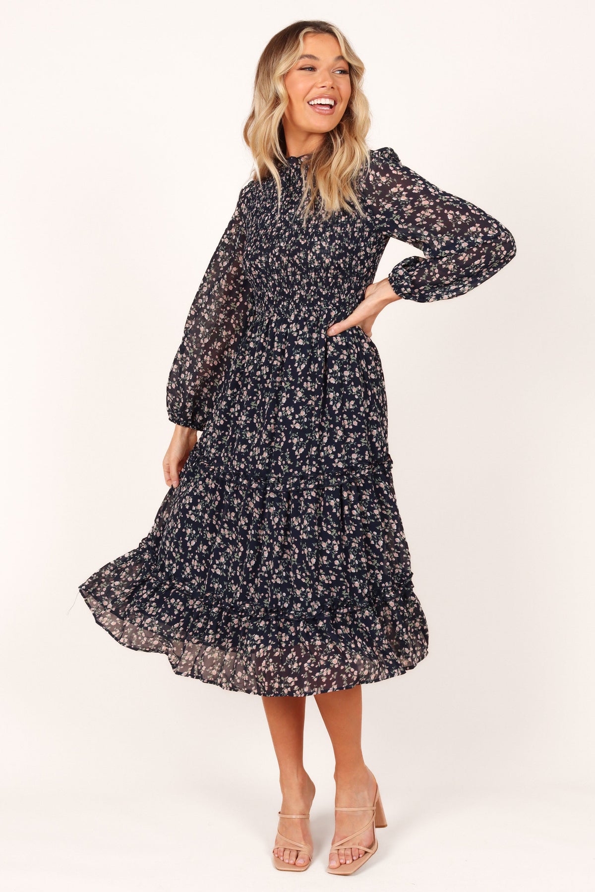 Edwina Shirred Frill Long Sleeve Midi Dress in Navy Floral – view 5 of 5