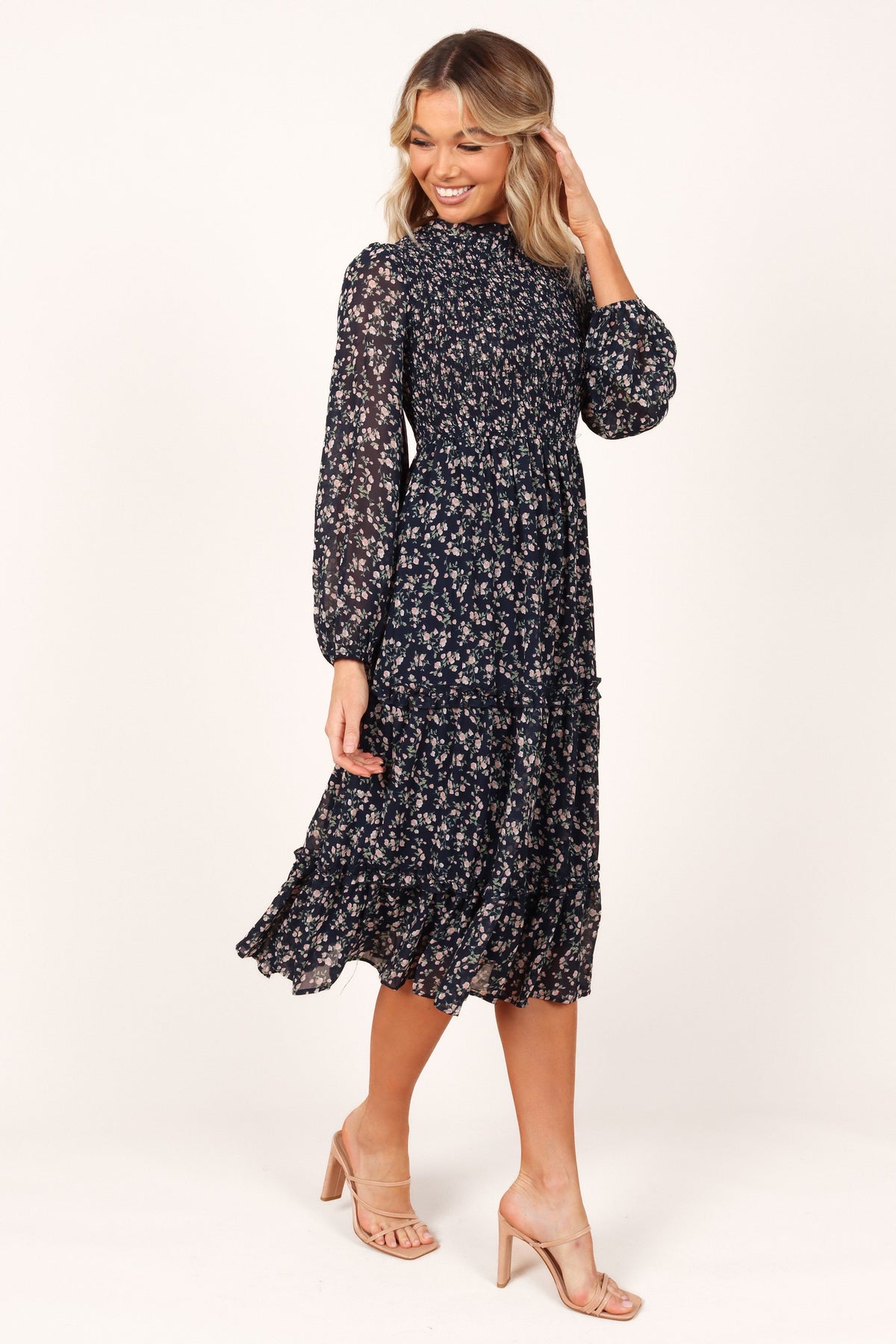 Edwina Shirred Frill Long Sleeve Midi Dress in Navy Floral – view 1 of 5
