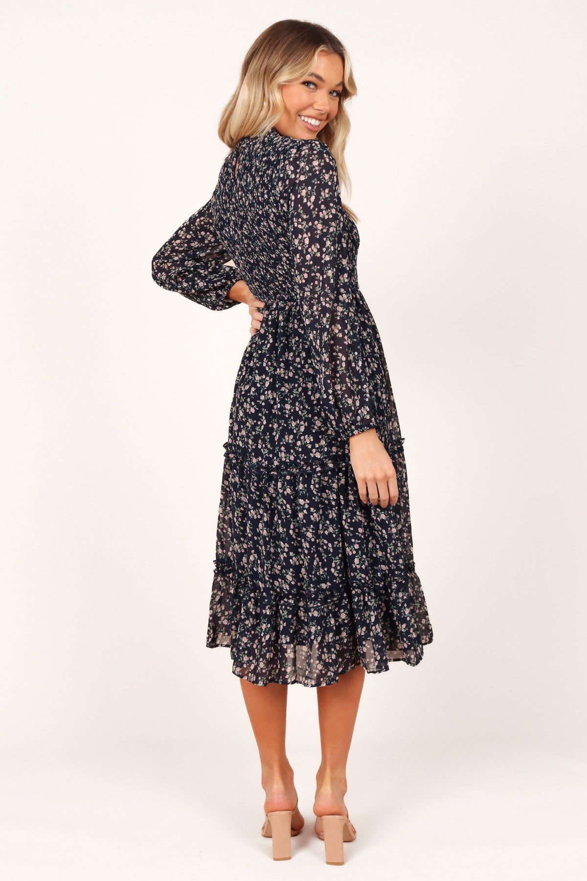 Edwina Shirred Frill Long Sleeve Midi Dress in Navy Floral – view 4 of 5