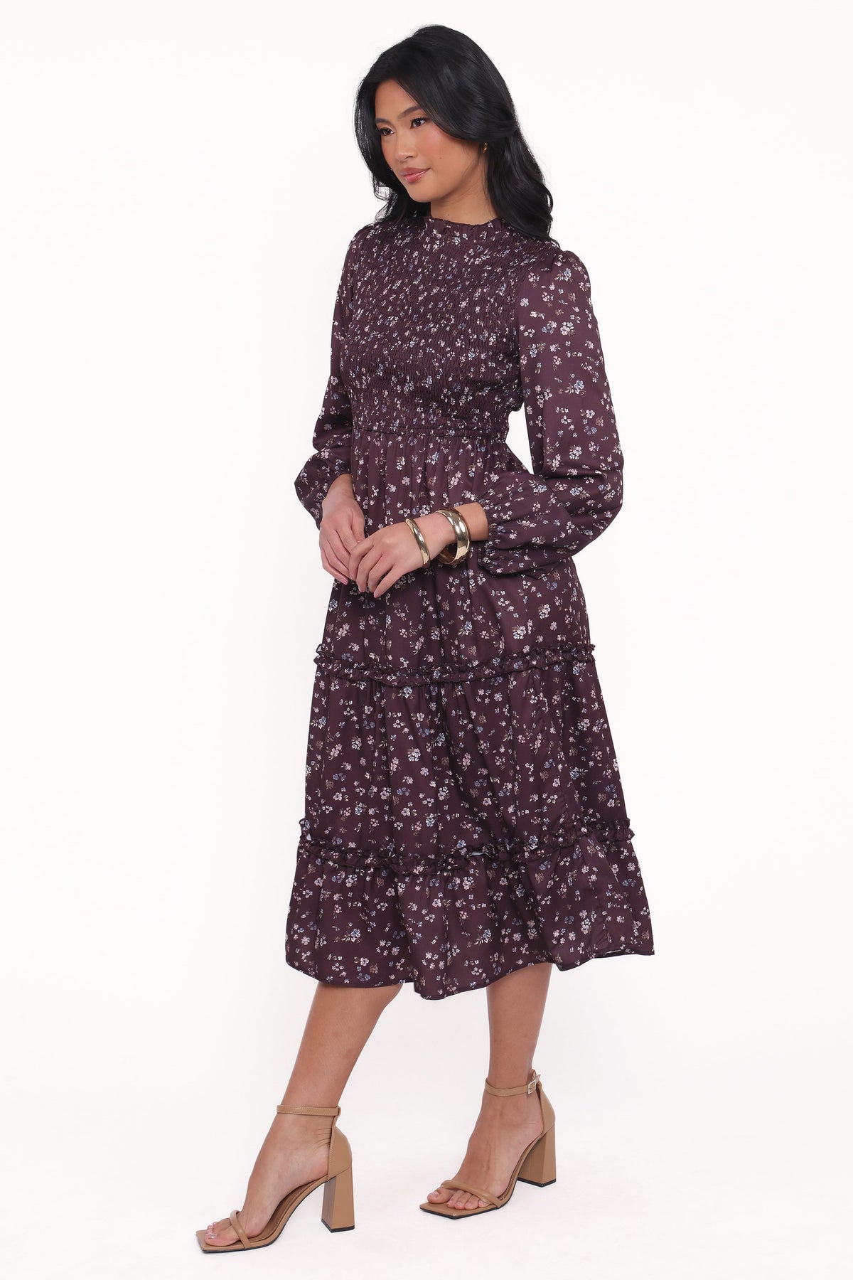 Edwina Shirred Frill Long Sleeve Midi Dress in Plum Floral – view 3 of 6