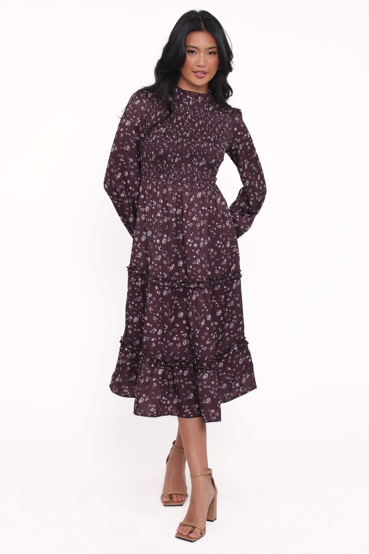 Edwina Shirred Frill Long Sleeve Midi Dress in Plum Floral – view 1 of 6