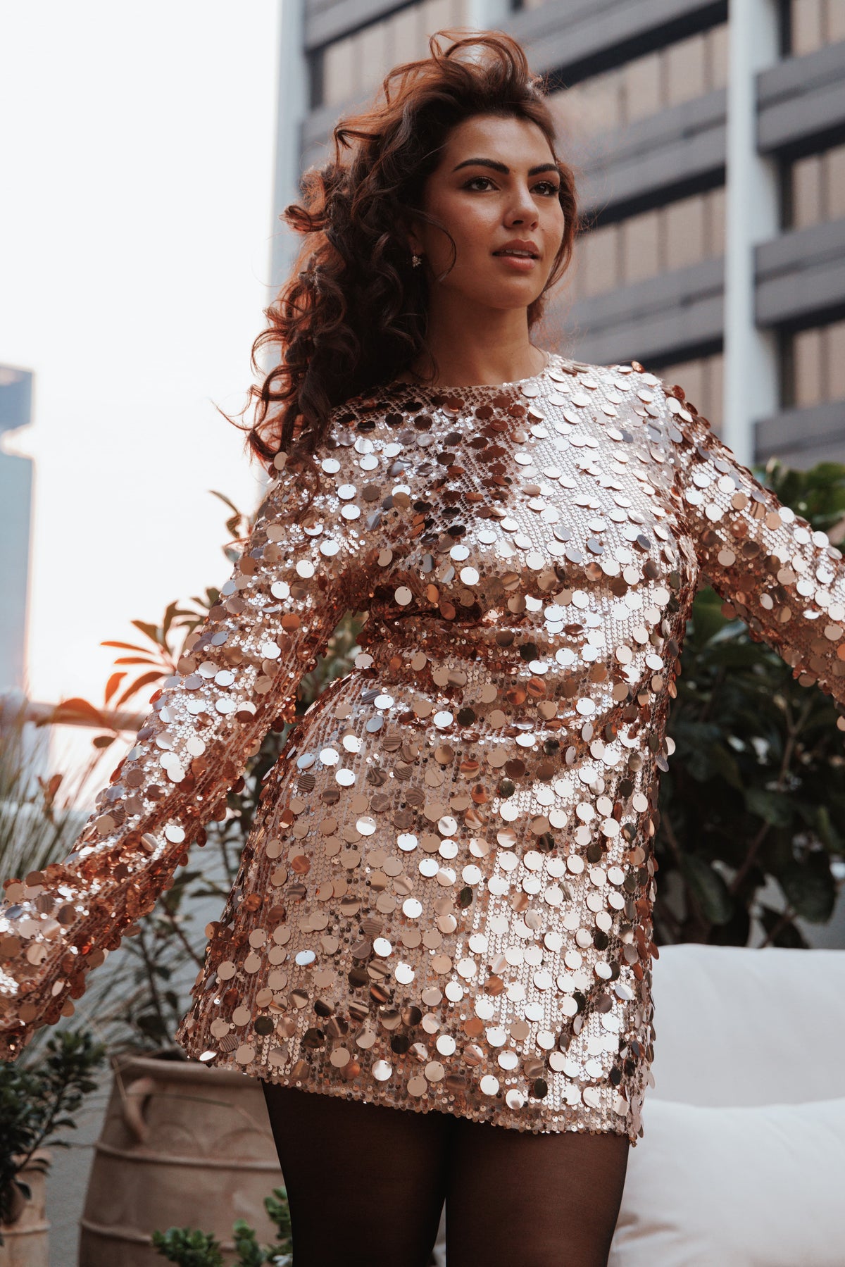 Electra Long Sleeve Mini Dress in Gold – view 1 of 8