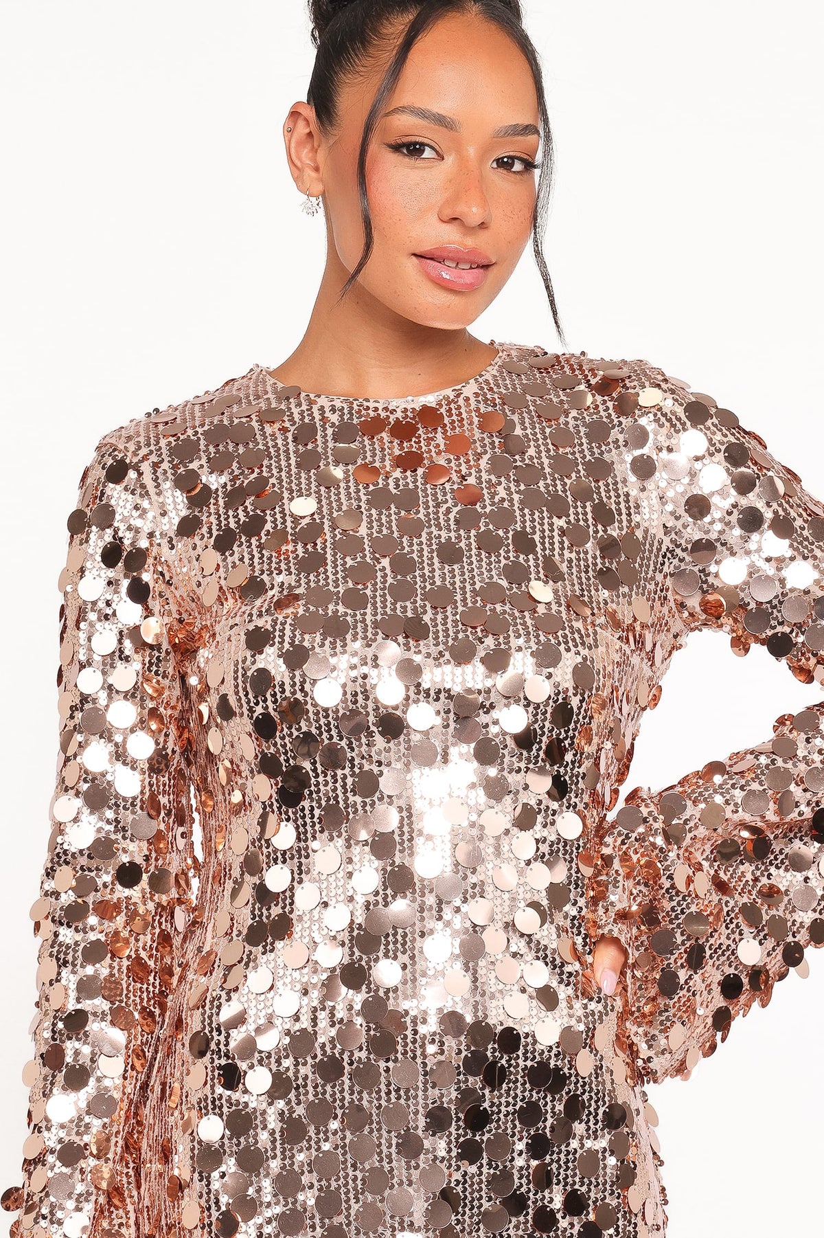Electra Long Sleeve Mini Dress in Gold – view 3 of 8