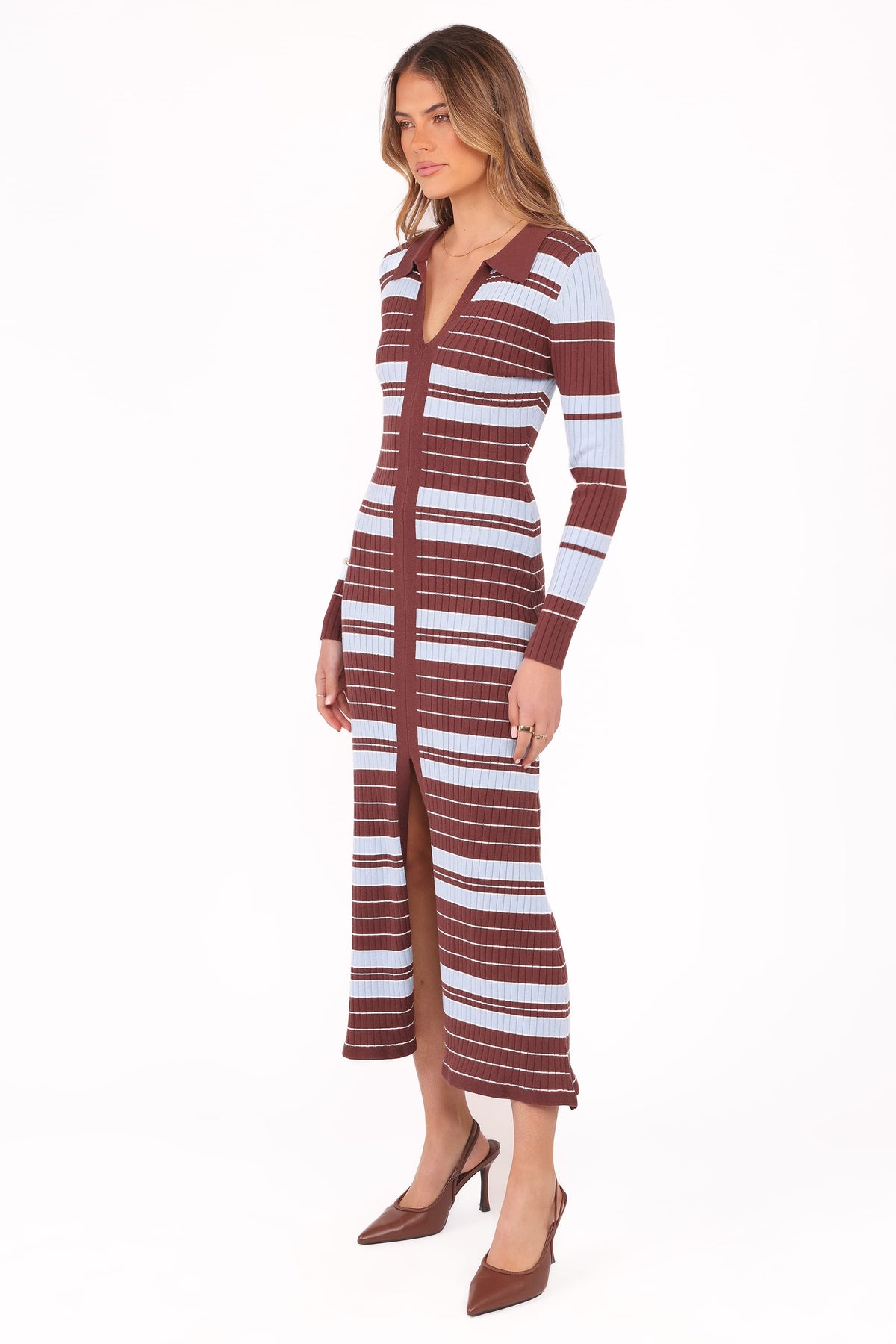 Eliana Long Sleeve Midi Dress in Brown Blue Stripe – view 3 of 5