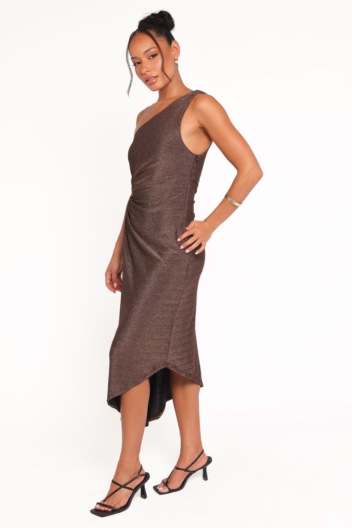 Emma One Shoulder Midi Dress in Vintage Gold – view 4 of 9