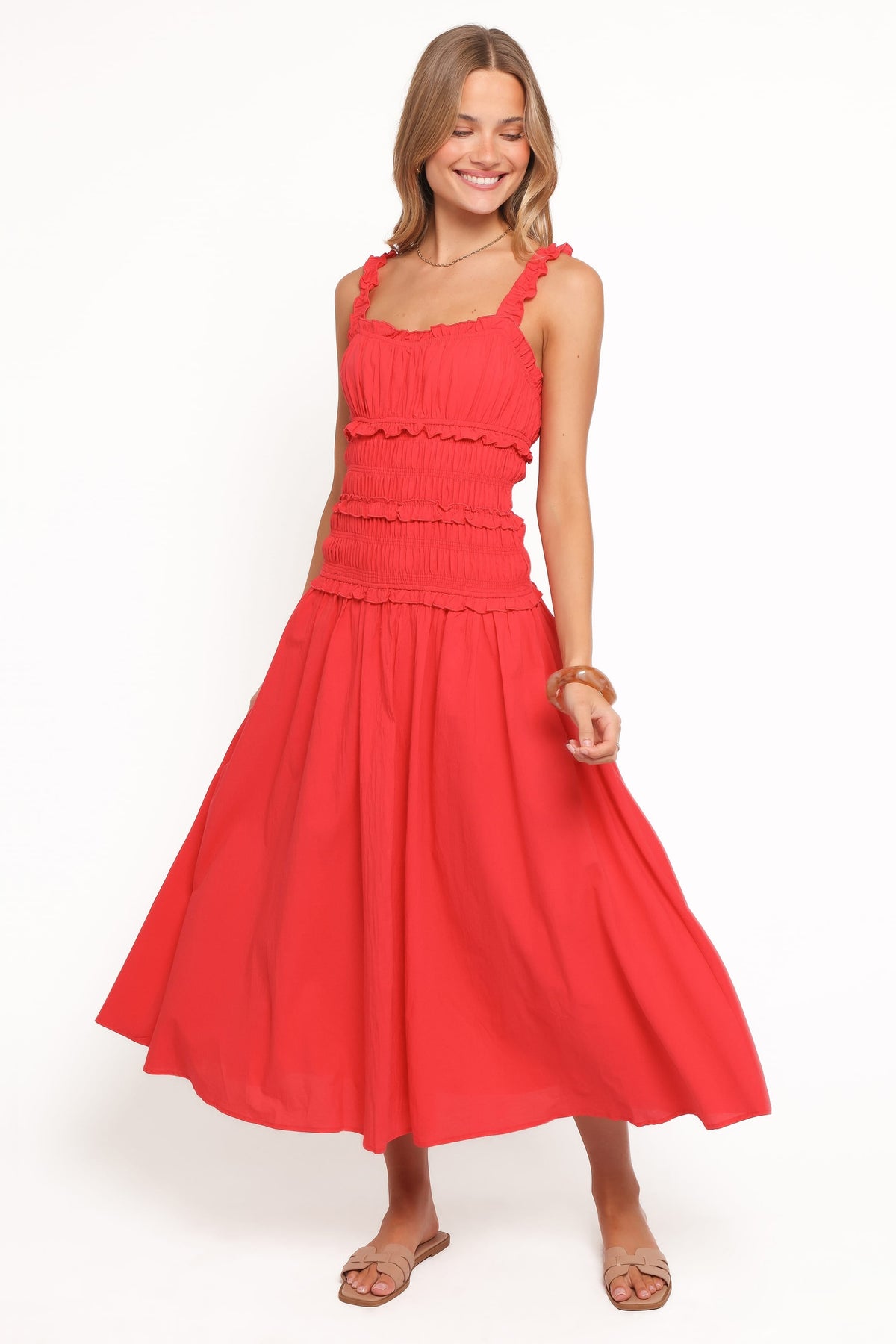 Enola Gather Midi Dress in Red – view 2 of 8