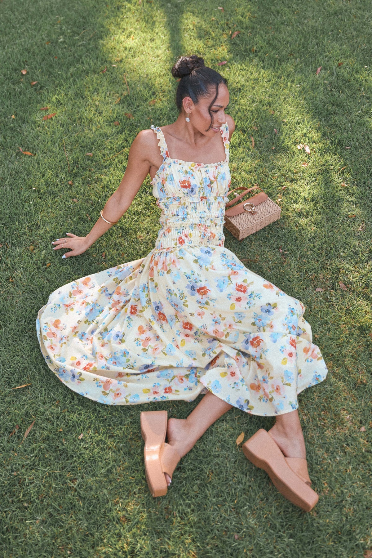 Enola Gather Midi Dress in Yellow Floral – view 1 of 7