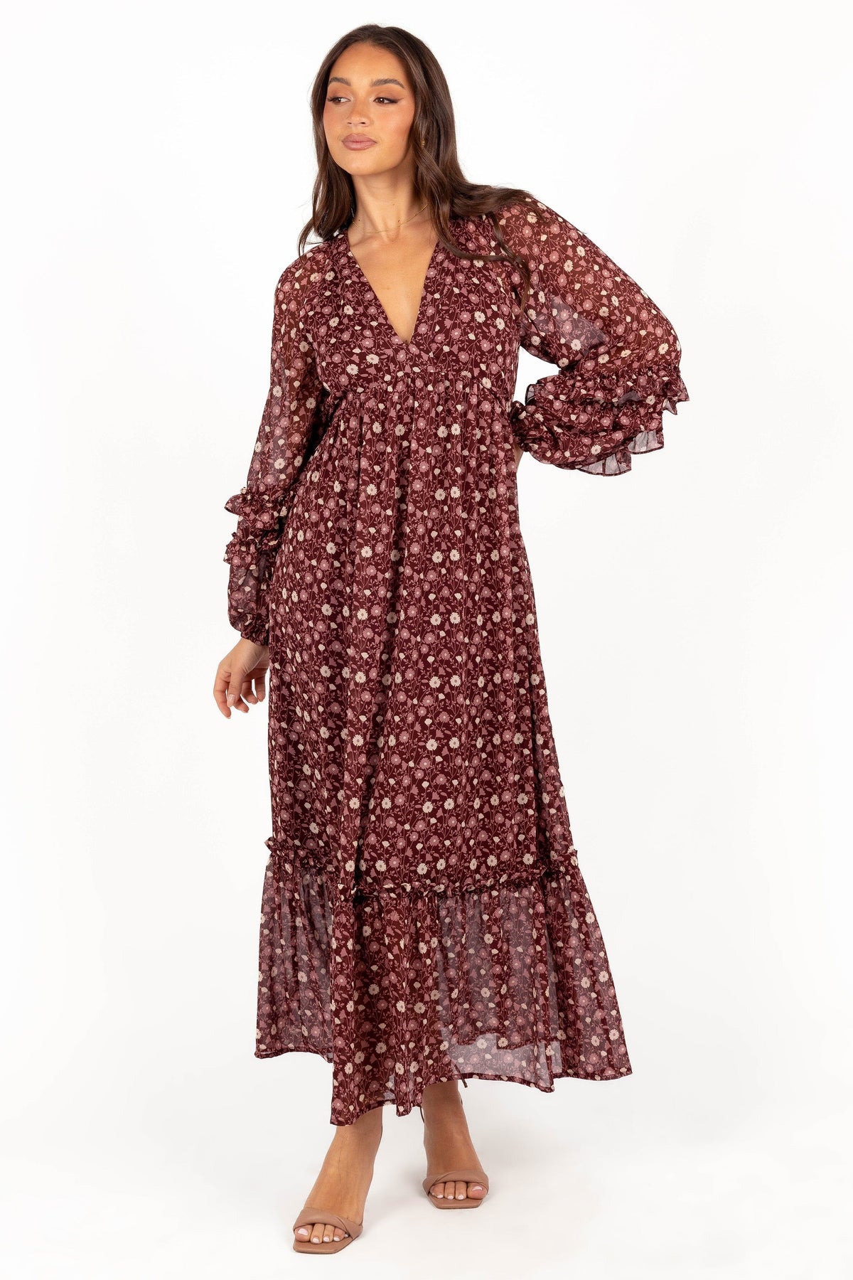 Evian Long Sleeve Maxi Dress in Burgundy Multi – view 3 of 9
