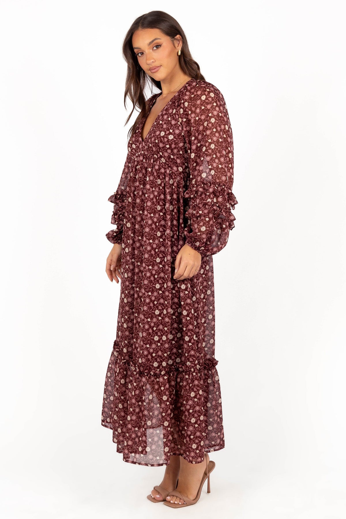 Evian Long Sleeve Maxi Dress in Burgundy Multi – view 5 of 9