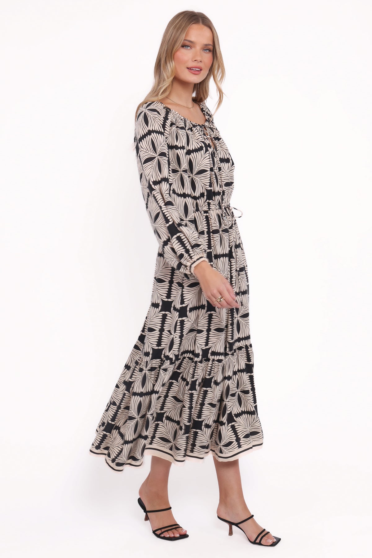 Faris Off Shoulder Midi Dress in Black Geo – view 3 of 5