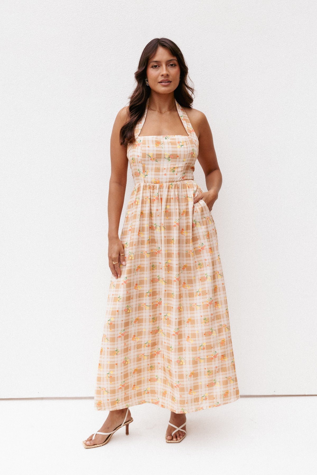 Gemini Halterneck Maxi Dress in Yellow Floral Gingham – view 1 of 8