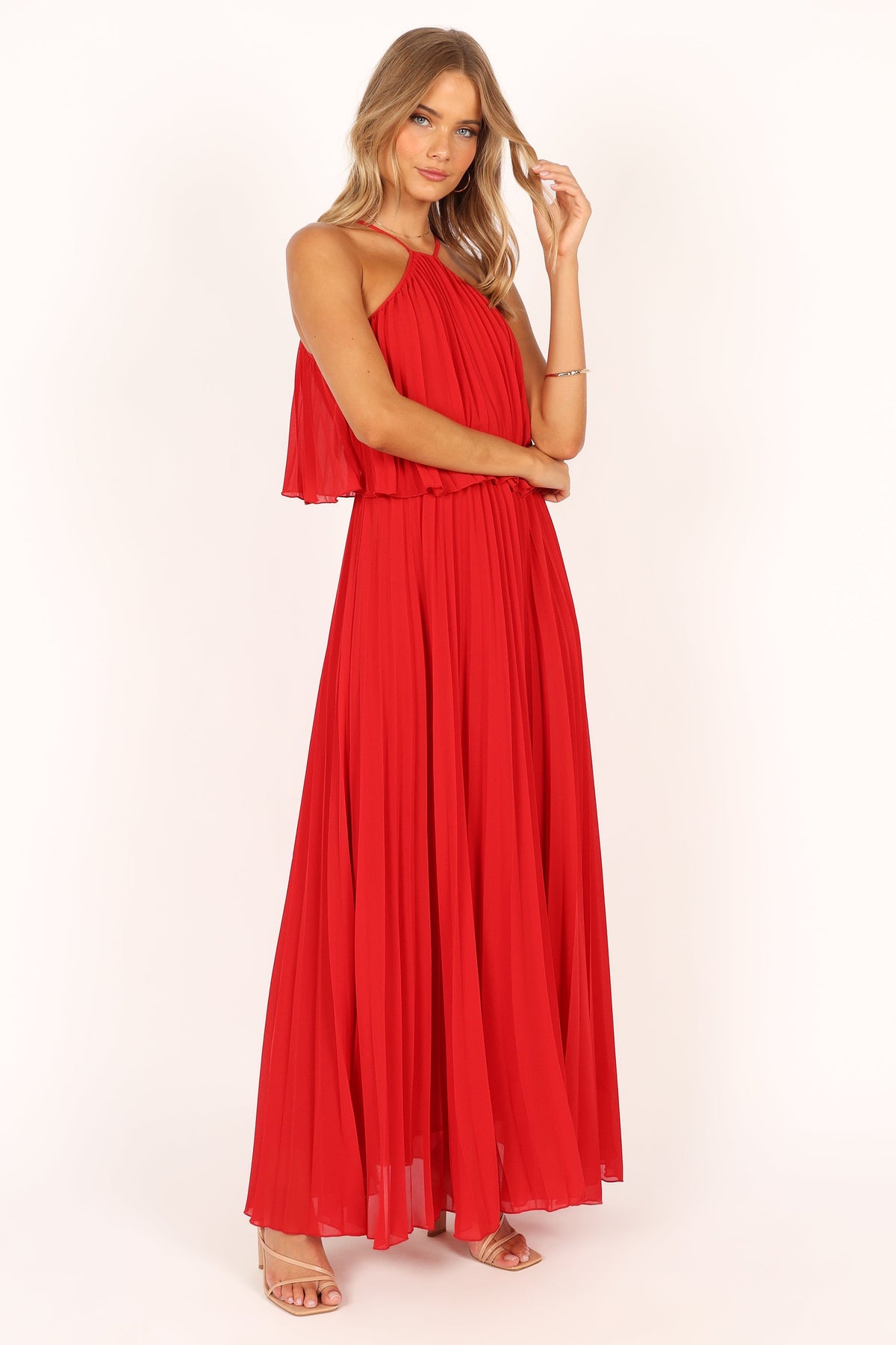 Gia Pleated Halterneck Maxi Dress in Red – view 9 of 10