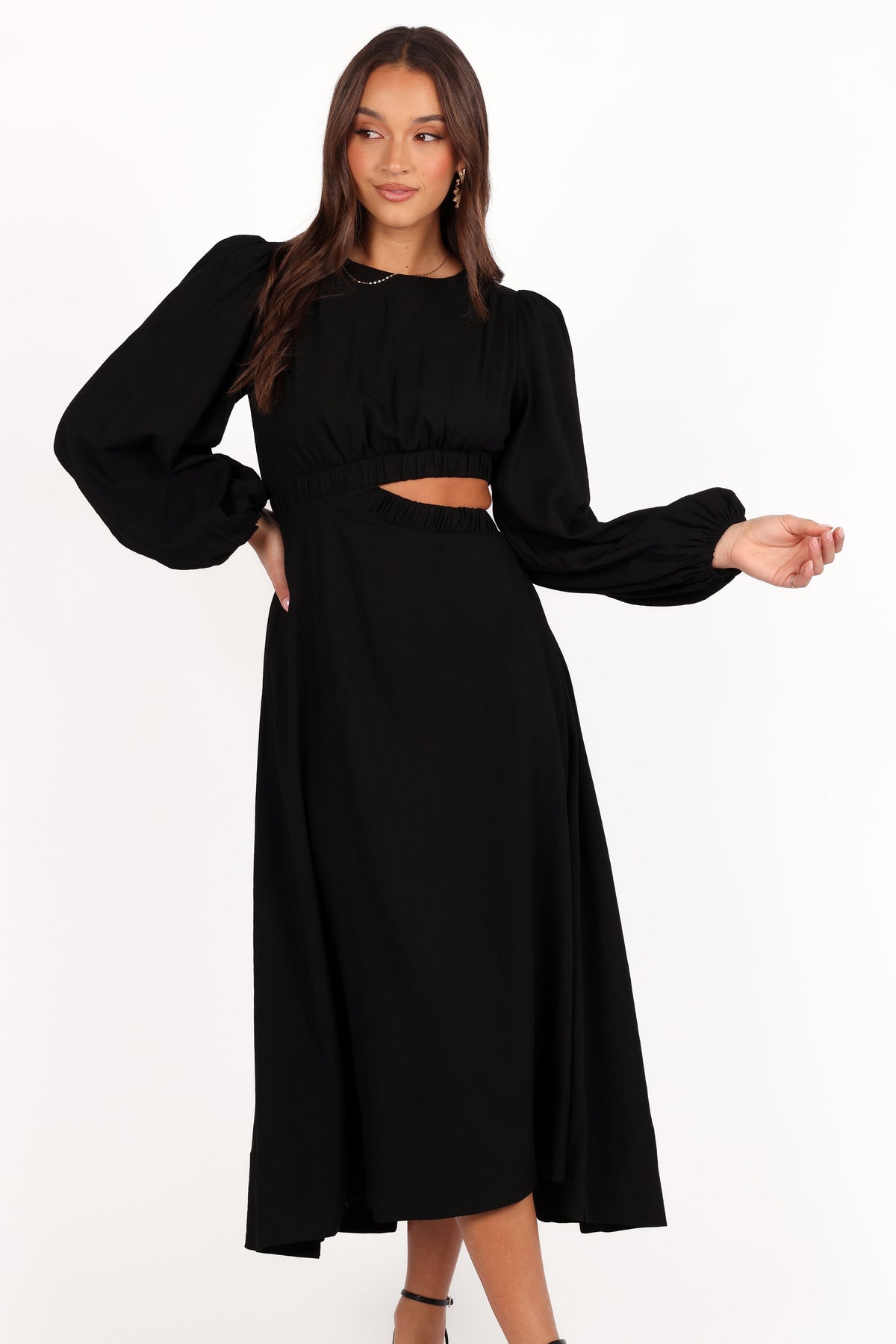 Ginnee Puff Sleeve Cutout Midi Dress in Black – view 3 of 8