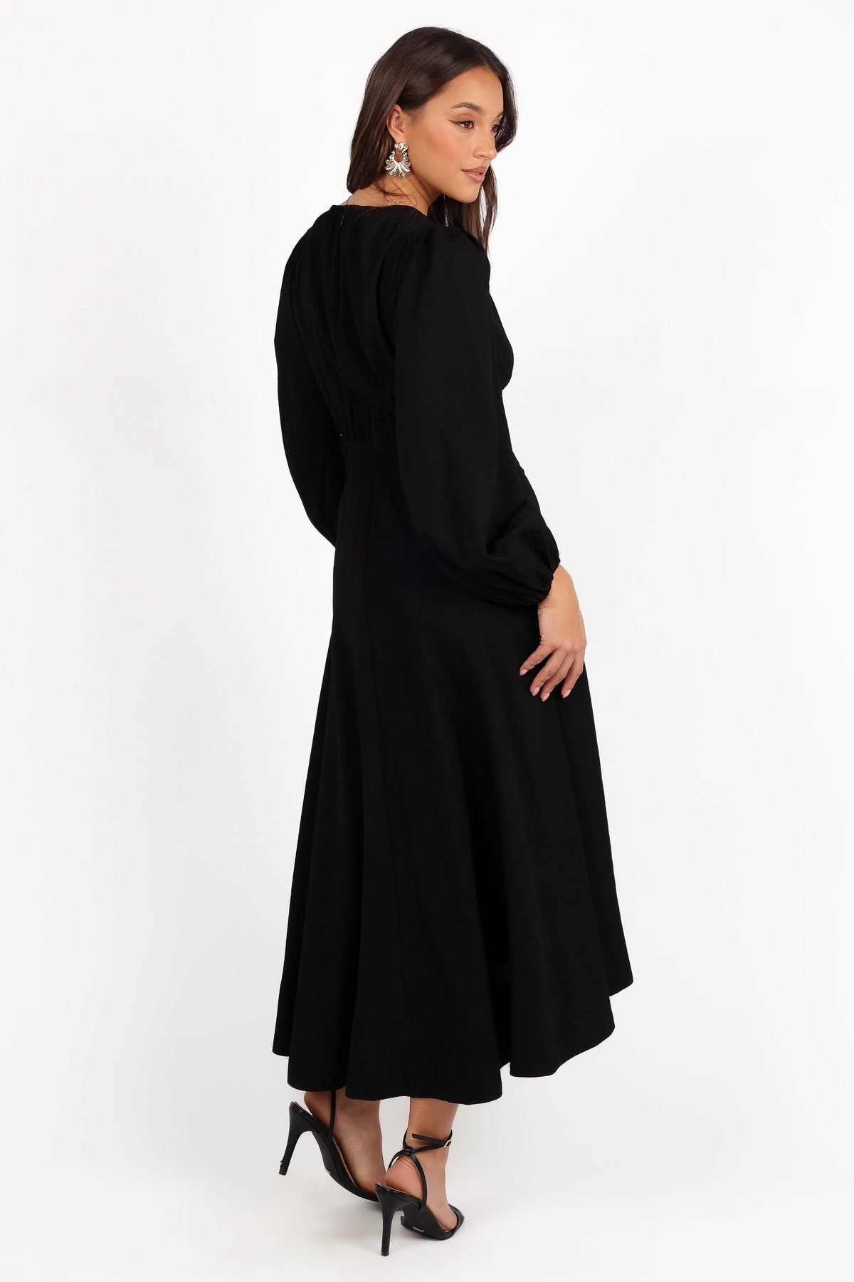 Ginnee Puff Sleeve Cutout Midi Dress in Black – view 5 of 8