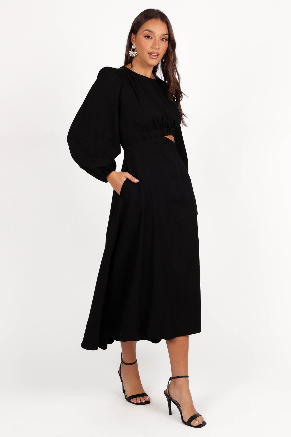 Ginnee Puff Sleeve Cutout Midi Dress in Black – view 6 of 8