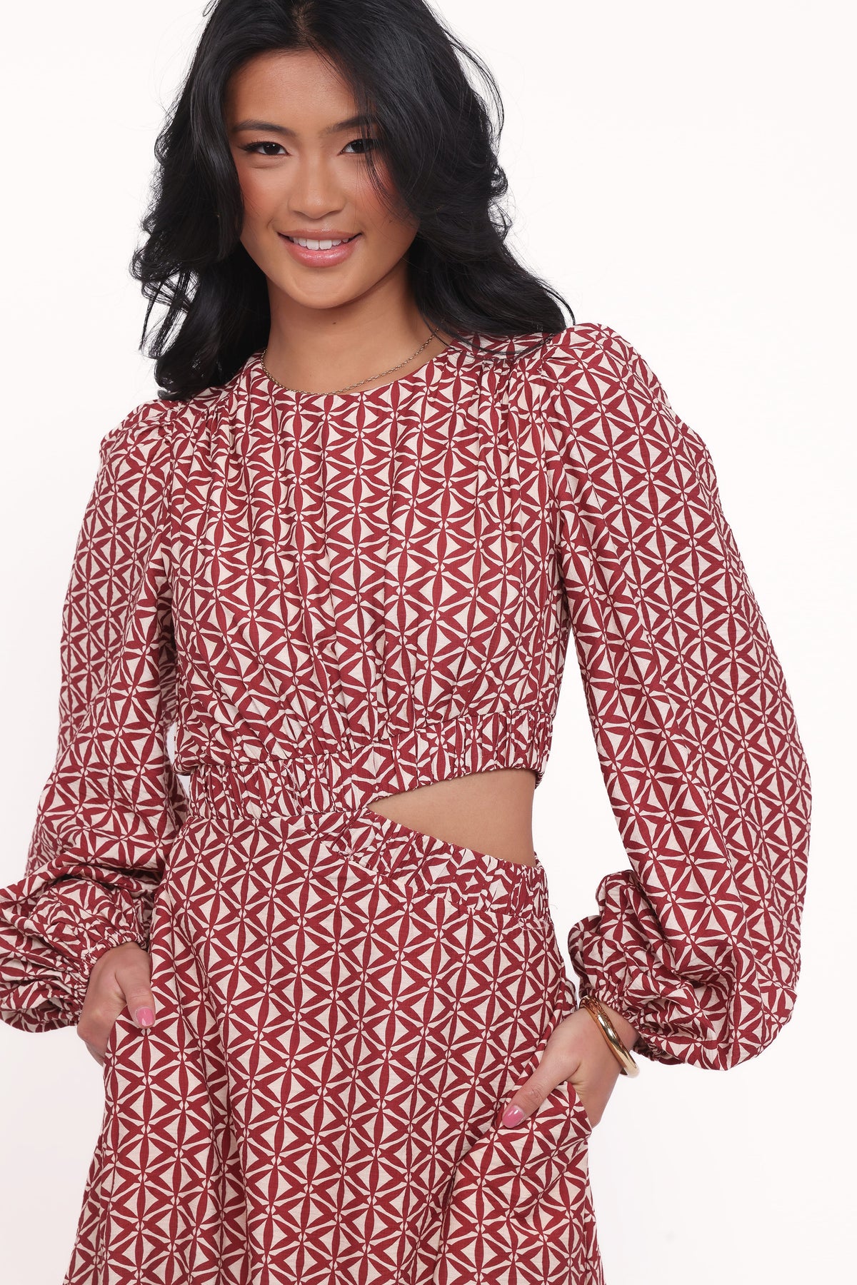 Ginnee Puff Sleeve Cutout Midi Dress in Brown Geo – view 3 of 6
