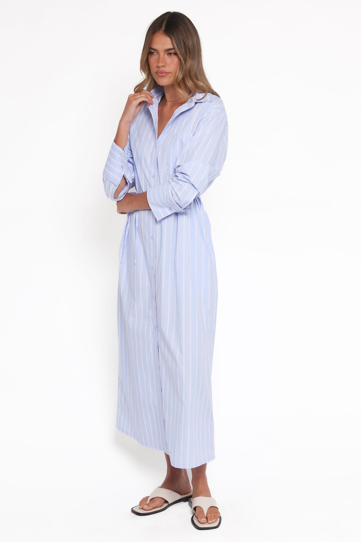 Harlan Long Sleeve Midi Dress in Blue Pink Stripe – view 4 of 9