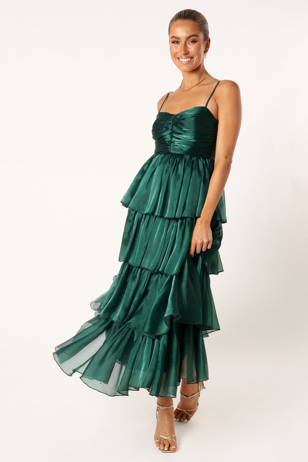 Jace Tiered Maxi Dress in Shimmer Emerald – view 3 of 11