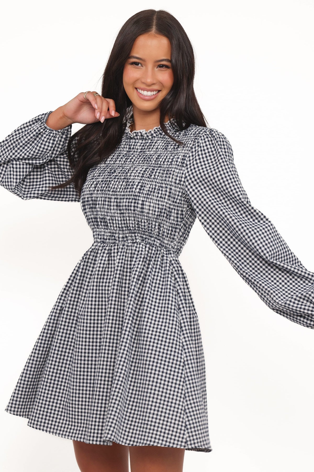 Jessen Long Sleeve Mini Dress in Navy Gingham – view 3 of 10