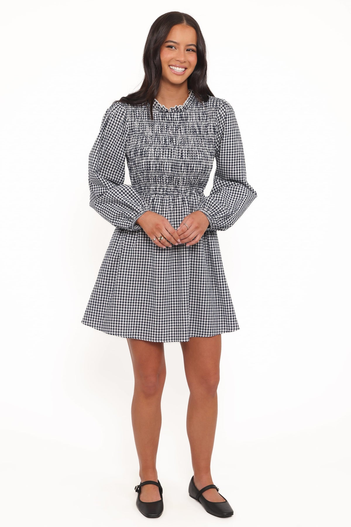 Jessen Long Sleeve Mini Dress in Navy Gingham – view 7 of 10