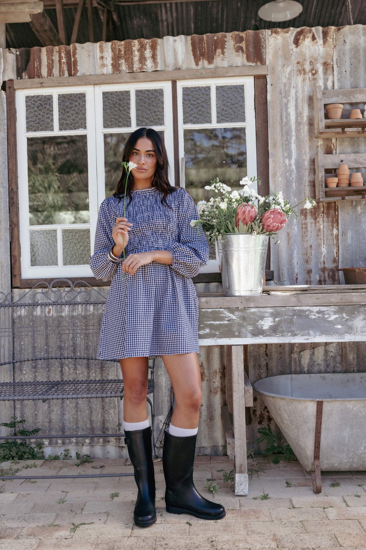 Jessen Long Sleeve Mini Dress in Navy Gingham – view 10 of 10