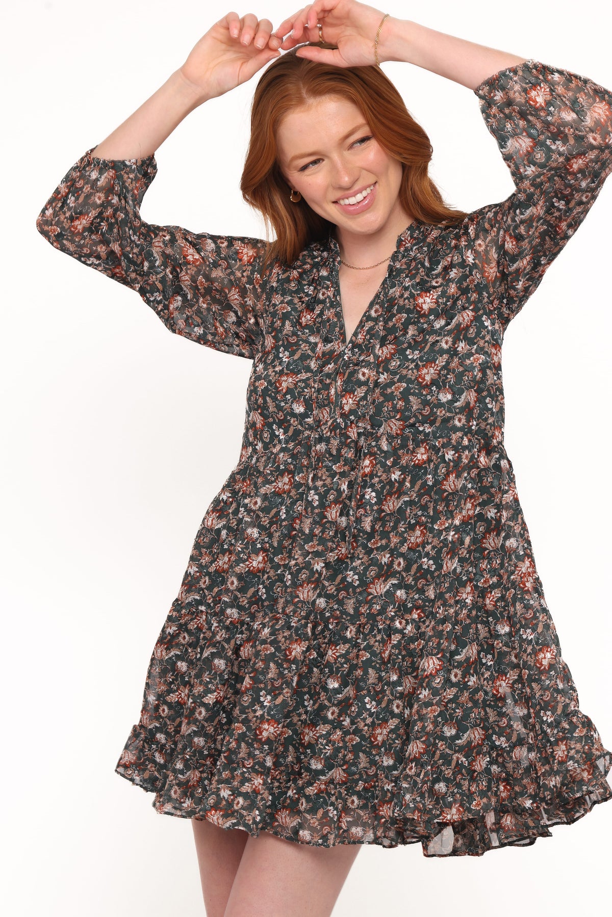 Jinny Long Sleeve Mini Dress in Dark Green/Multi – view 1 of 7