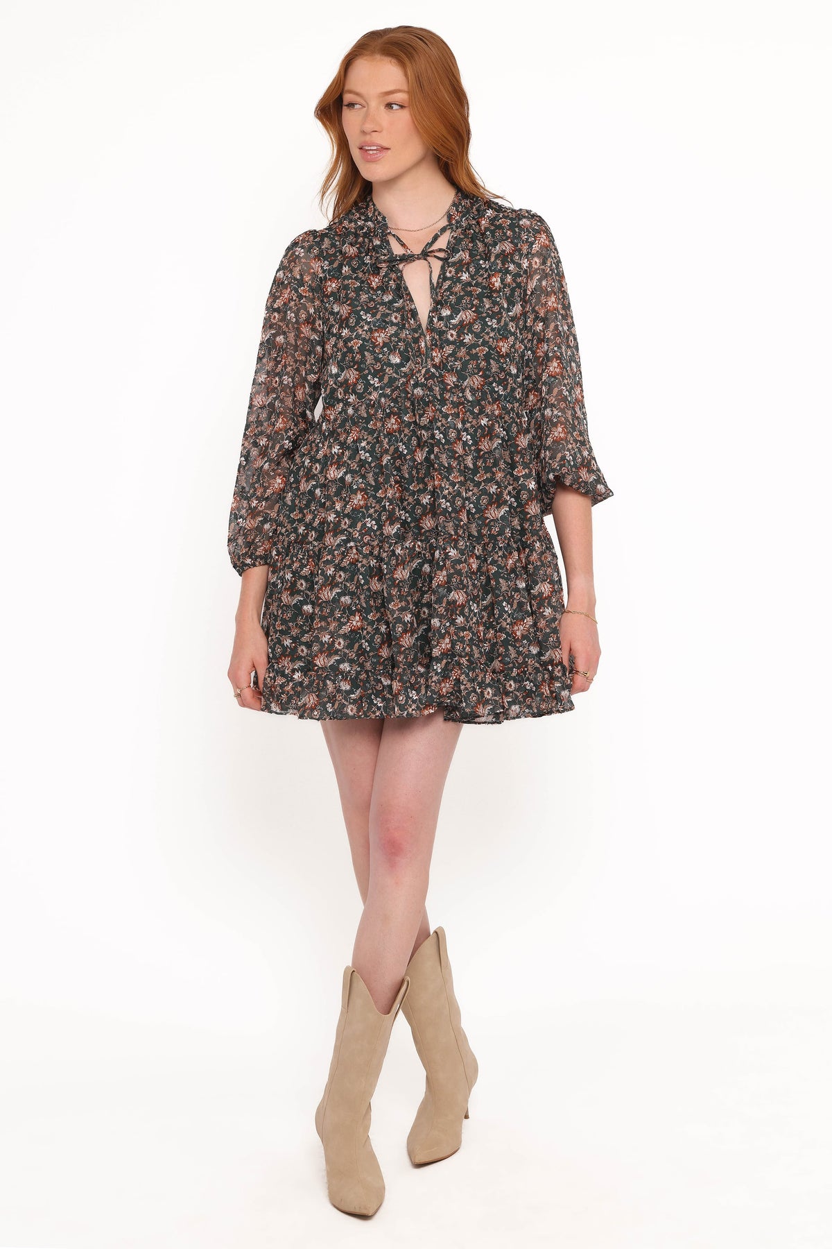 Jinny Long Sleeve Mini Dress in Dark Green/Multi – view 2 of 7