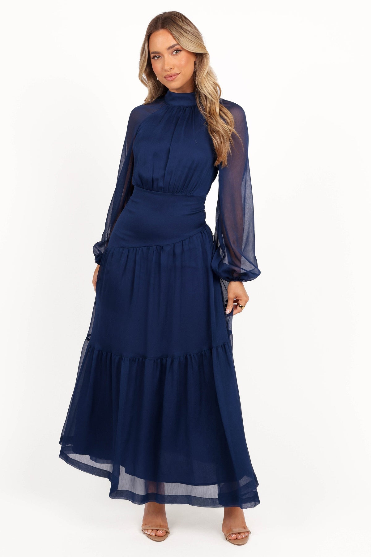 Julip Sheer Long Sleeve Maxi Dress in Navy – view 3 of 8