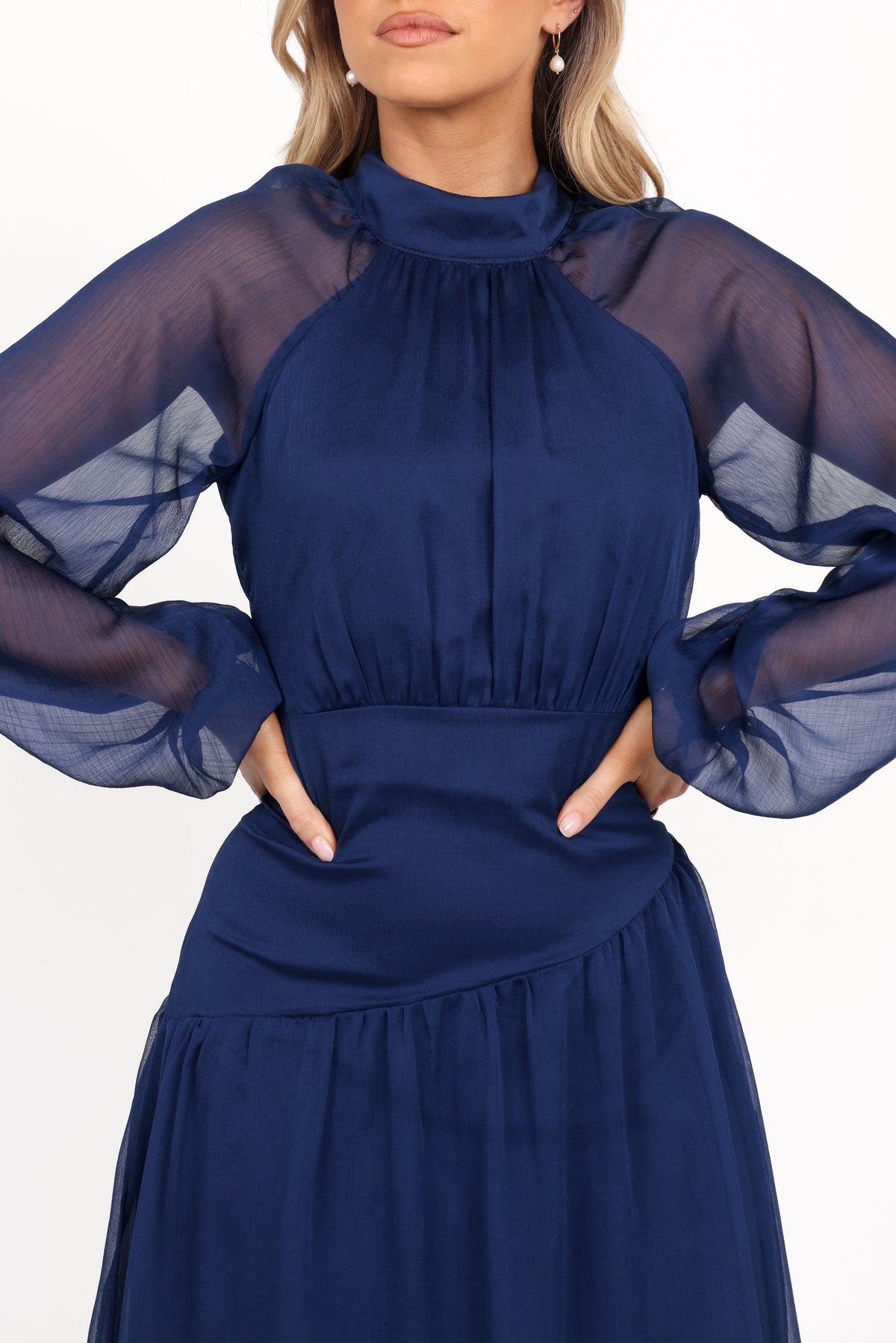 Julip Sheer Long Sleeve Maxi Dress in Navy – view 4 of 8