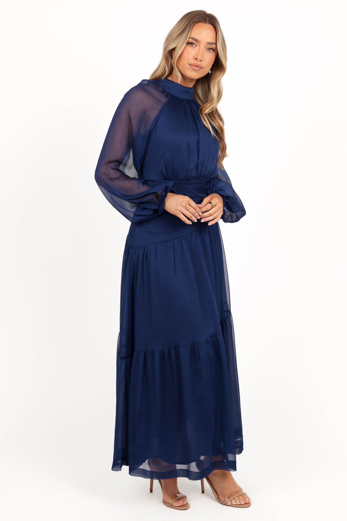 Julip Sheer Long Sleeve Maxi Dress in Navy – view 7 of 8