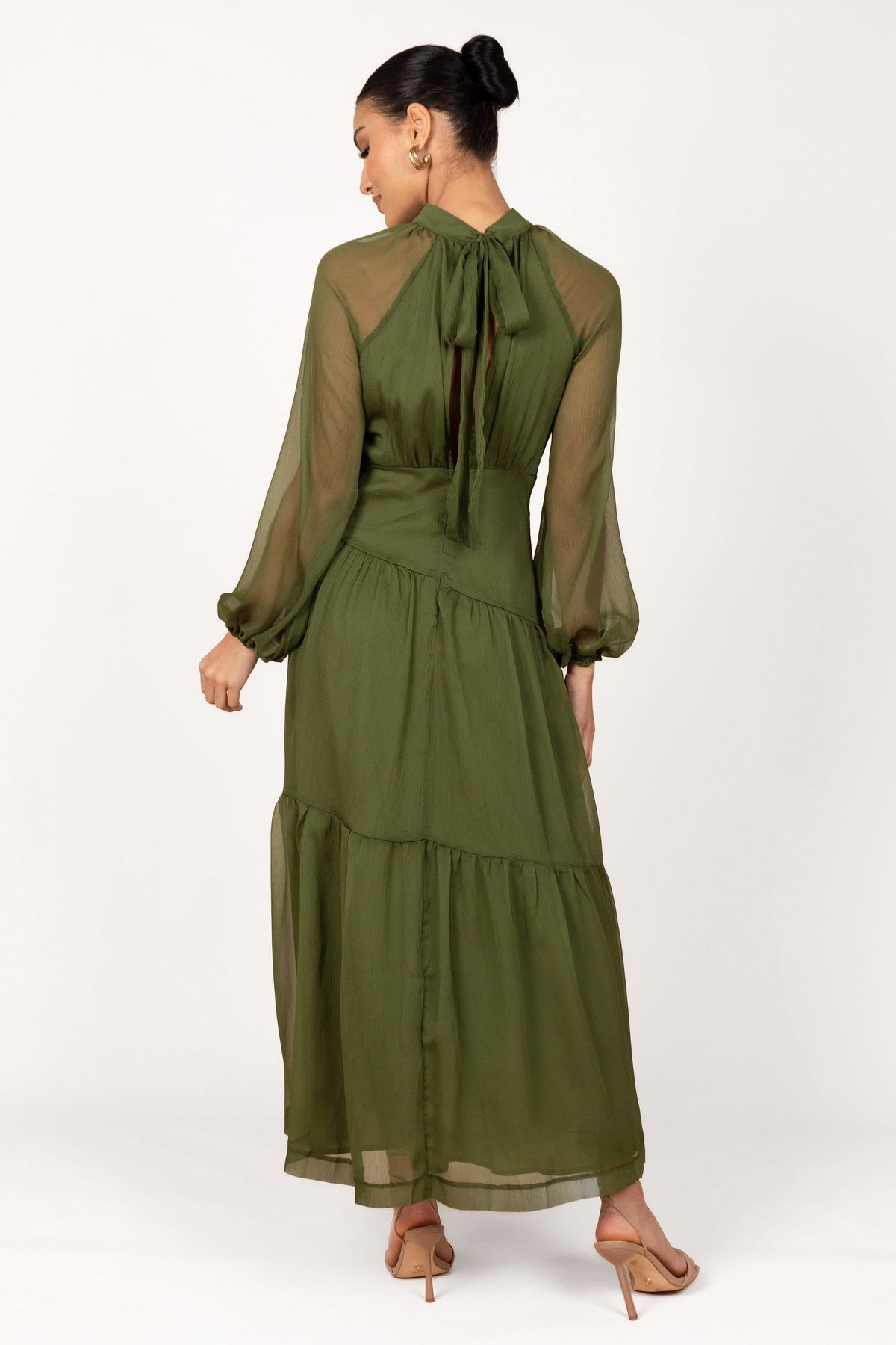 Julip Sheer Long Sleeve Maxi Dress in Olive – view 2 of 6