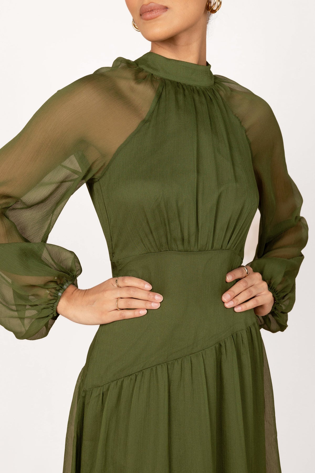 Julip Sheer Long Sleeve Maxi Dress in Olive – view 4 of 6